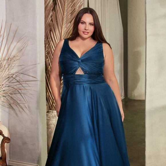 NEW LONG A-LINE SLEEVELESS SATIN DRESS WITH V-NECKLINE &...